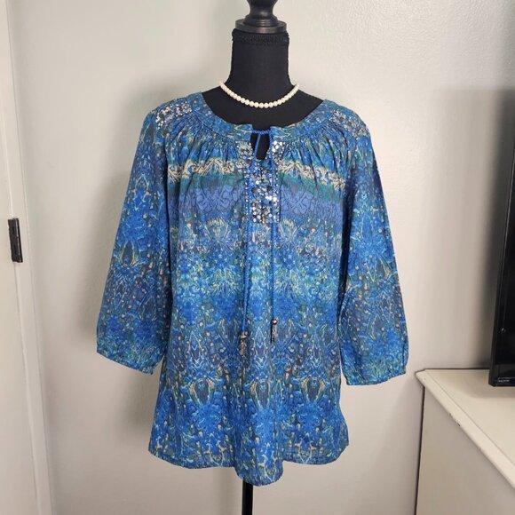 Gloria Vanderbilt Sequin-Embellished Blue Sequenced 3/4 Sleeve Blouse Size S - Picture 2 of 6